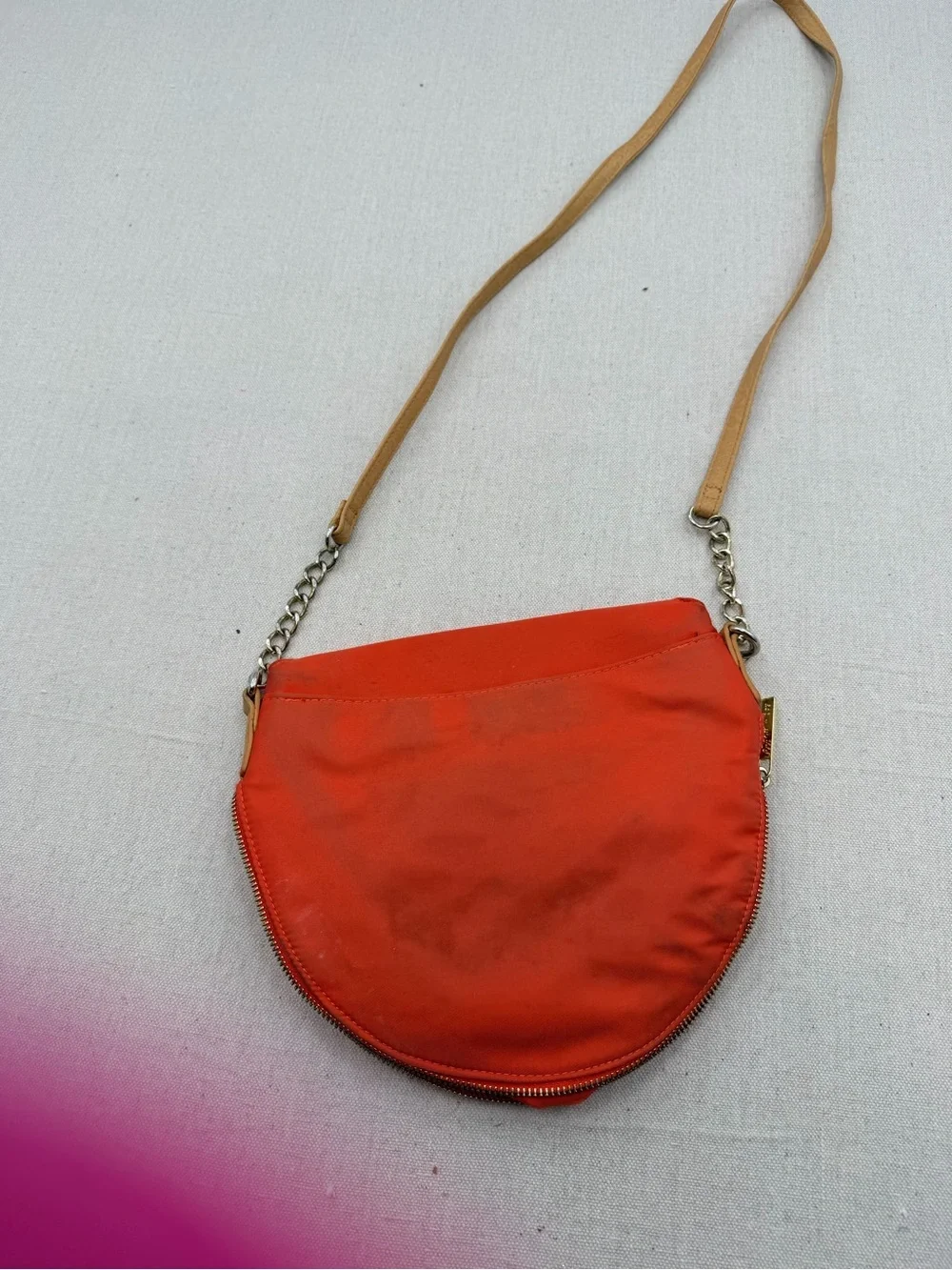 Compact Orange Crossbody with Tan Trim and Gold Hardware
